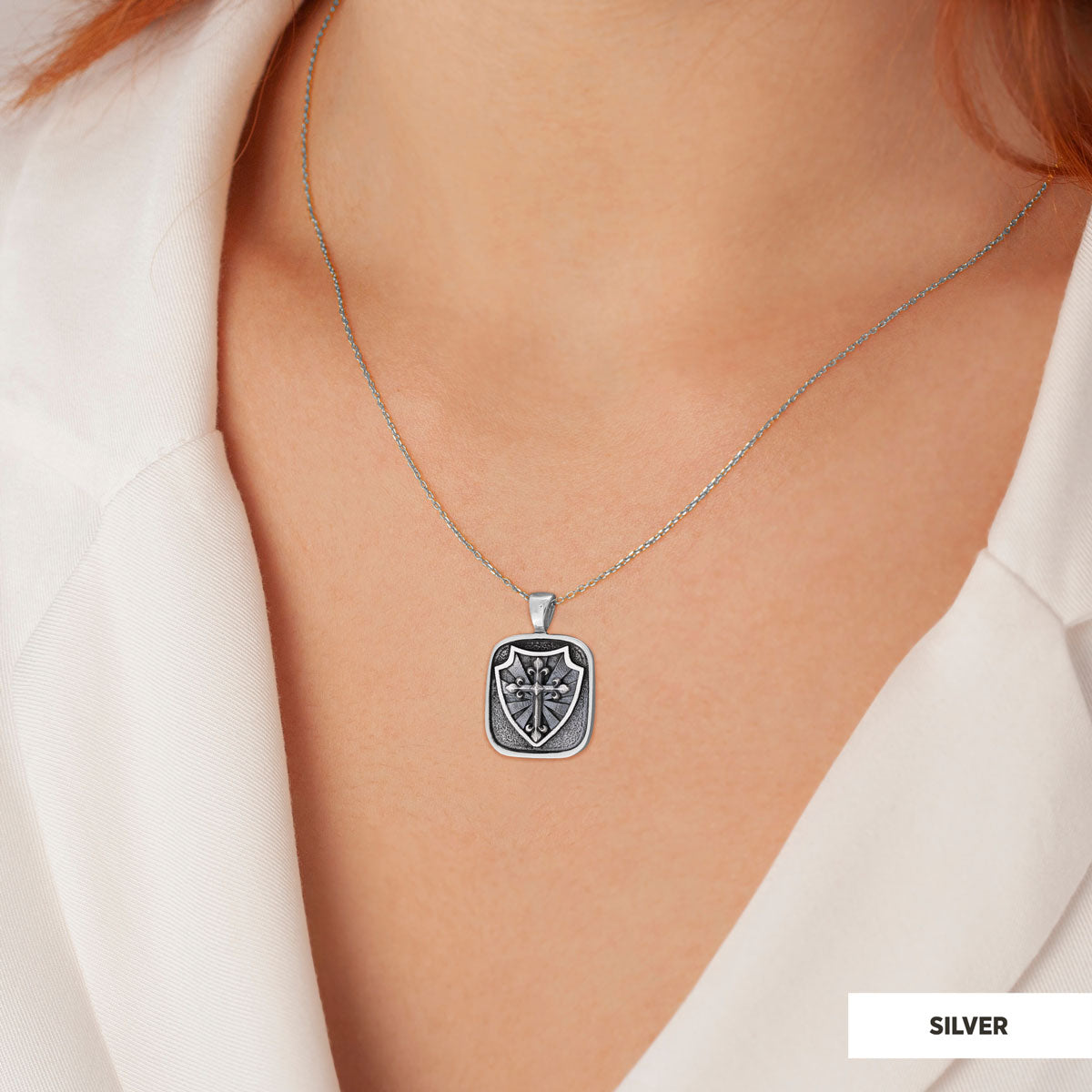 Knight's Cross and Shield Necklace, Silver Shield Necklace, Religious Gift for Men, Christian Armor Jewelry, Crusader Accessory Silver