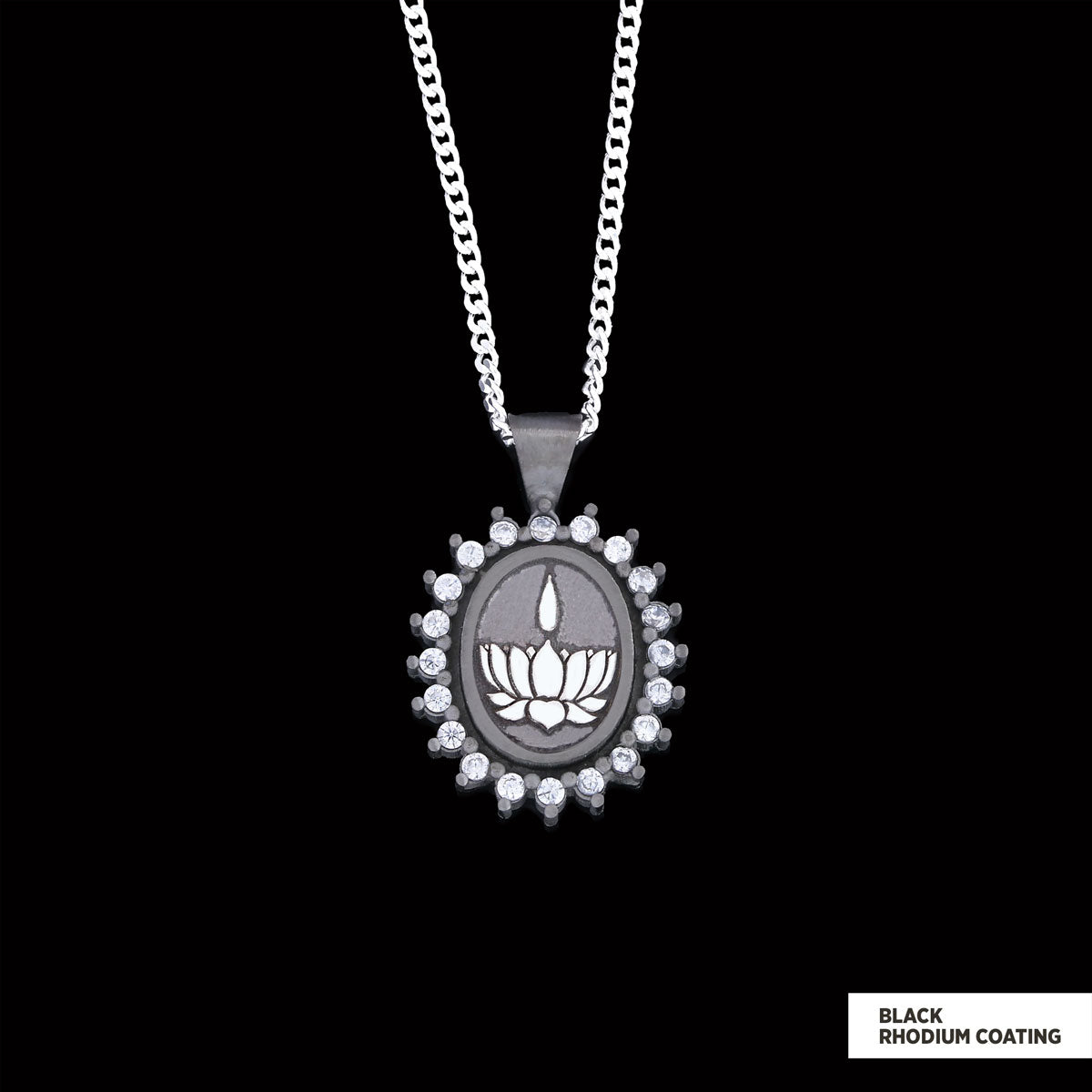 Lotus Flower Necklace, Buddhist Symbol Necklace, Stoned Buddhist Necklace, Lotus Jewelry, Women's Gift Accessory Black Rhodium Coating