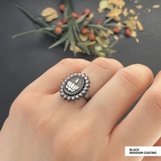 Lotus Flower Ring, Buddhist Symbol Ring, Stoned Buddhist Ring, Lotus Jewelry, Women's Gift Accessory Black Rhodium Coating - view 2