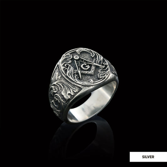 Masonic Compass Round Ring, Men Signet Mason Ring, Freemason Symbol Signet Ring