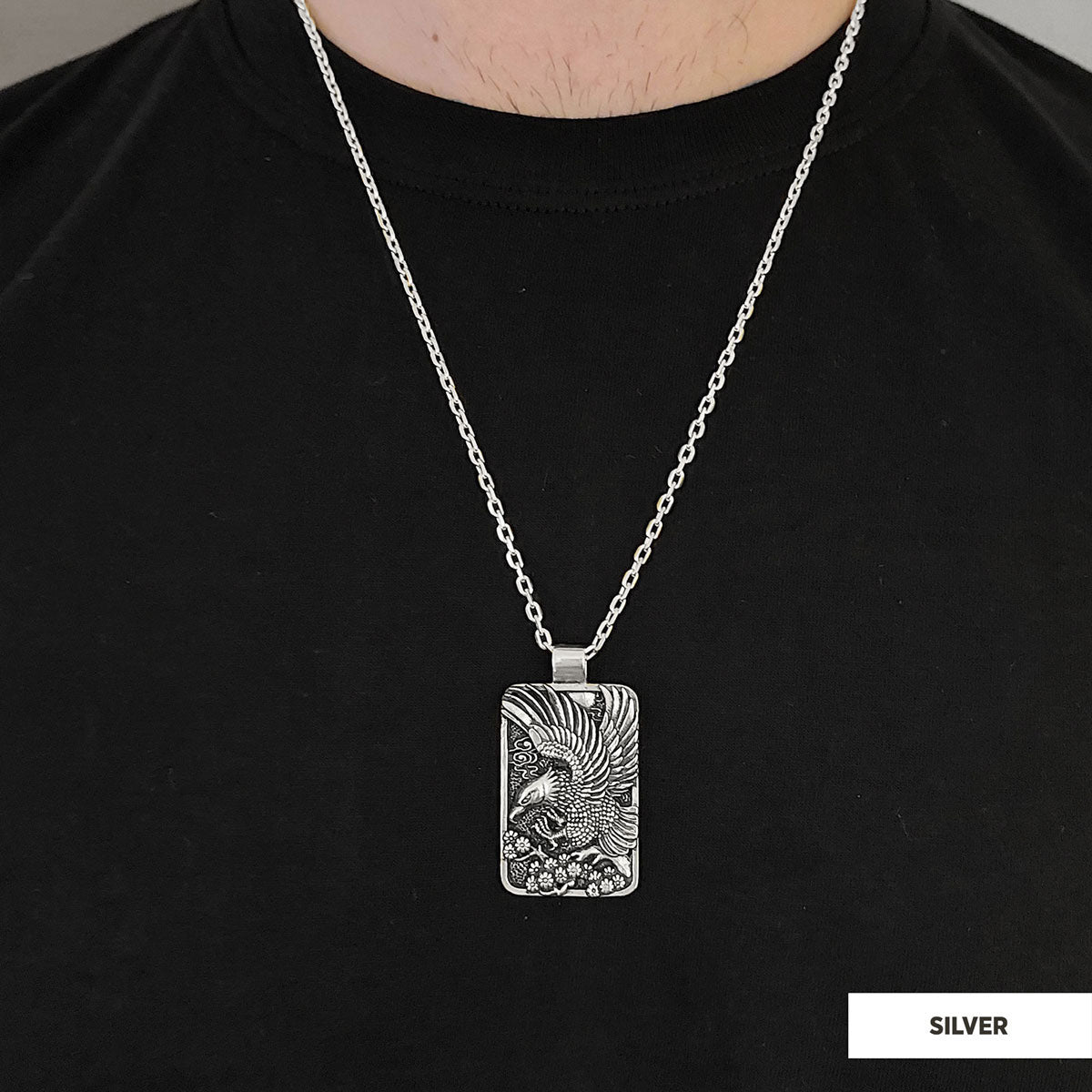 Men Sterling Silver Eagle Pendant Silver-Chain