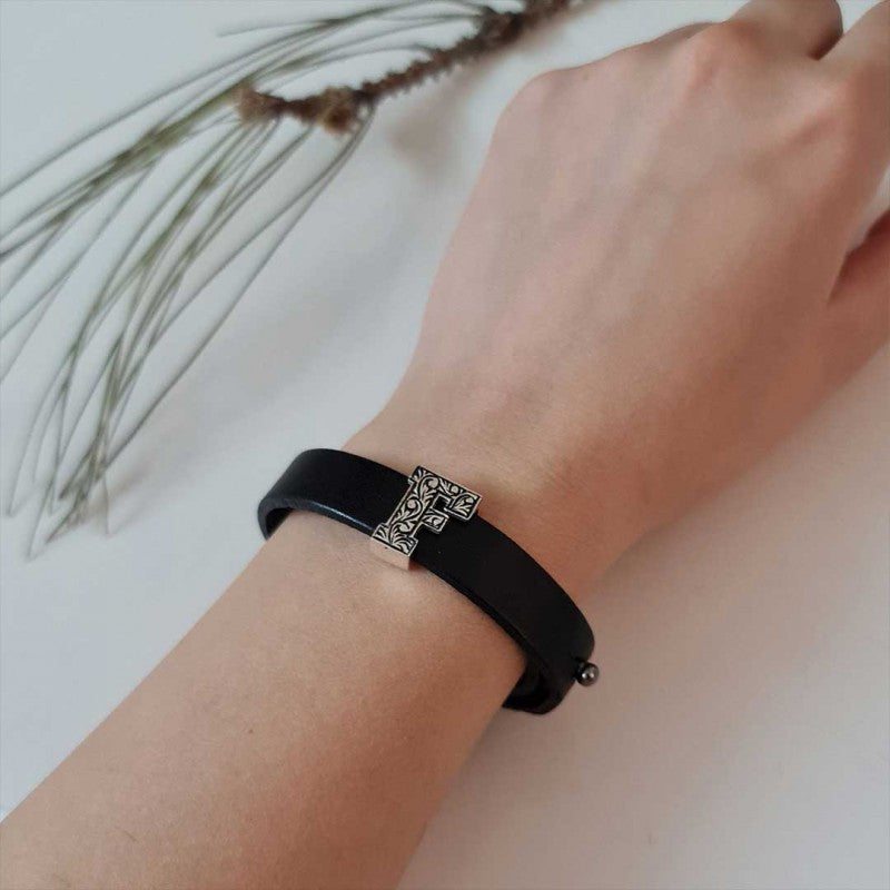 Motif 925 Sterling Silver Letter F Leather Bracelet by SWISS PLUS - Letter Collection - view 4