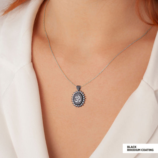 Om Necklace, Aum Necklace, Spiritual Jewelry, Om Necklace, Yoga-inspired Om Charm, Elegant Om Necklace, Stoned Aum Pendant Black Rhodium Coating