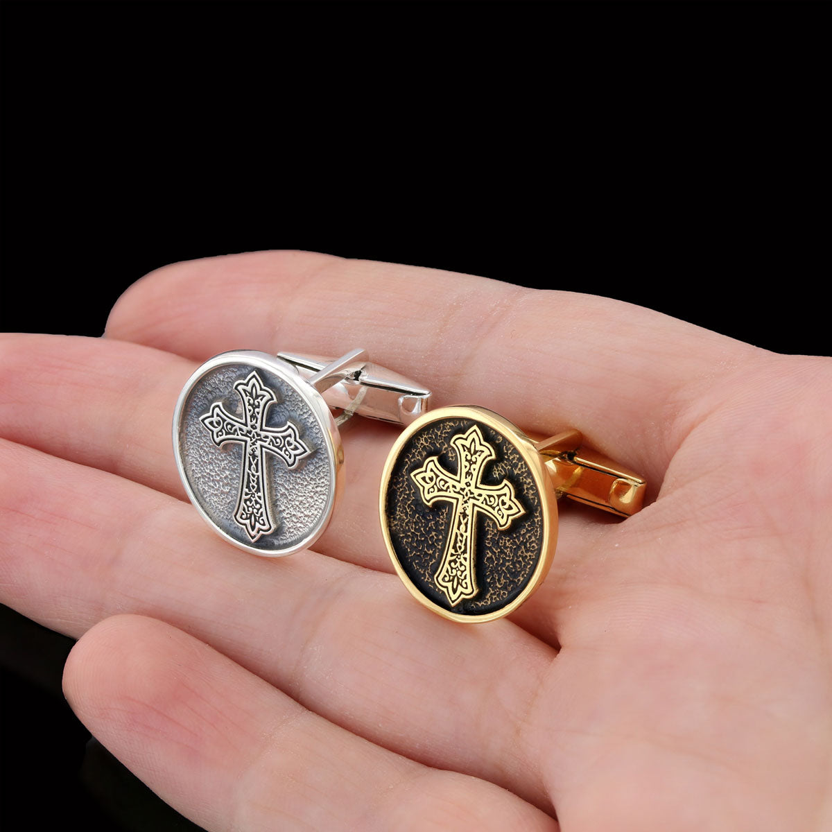 Oval Christian Cross Cufflinks, Special Design Cross Cufflinks, Cross Silver Oval Cufflinks Gold Coating by SWISS PLUS - Chri