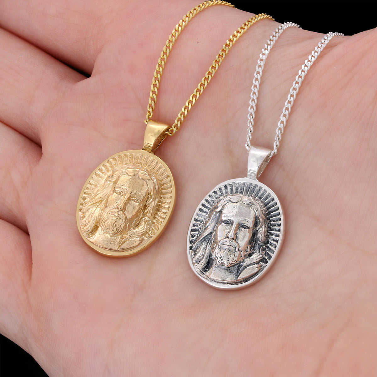Oval Christian Pendant, 925 Sterling Silver Jesus Necklace, Gold Plated Jesus Jewelry, Religious Accessory, Religious Gift for Her Silver - view 3