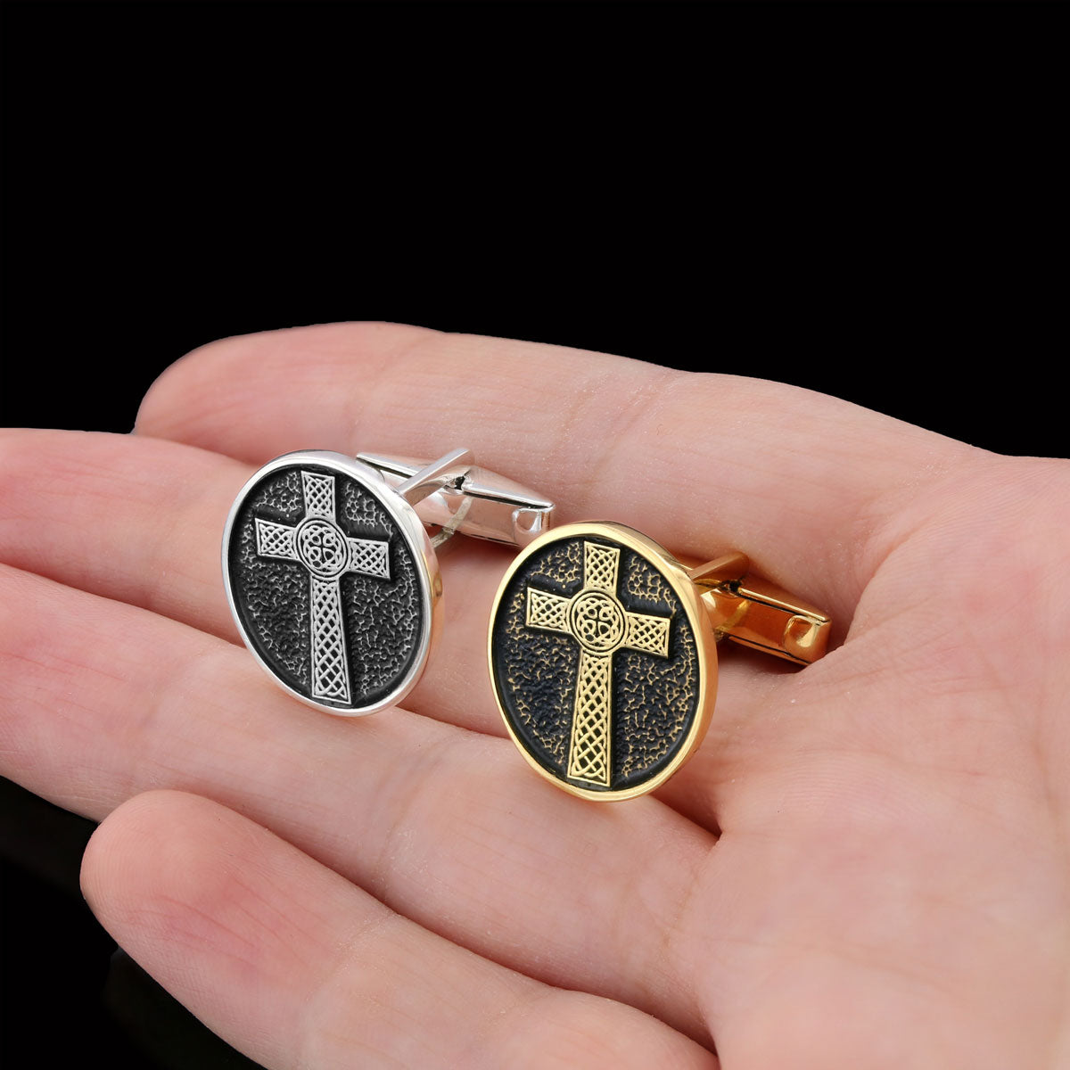 Oval Gold Plated 925 Sterling Silver Crusader Cufflinks, Silver Christian Cross Cufflinks, Silver Christian Cross Cufflinks Gold Coating