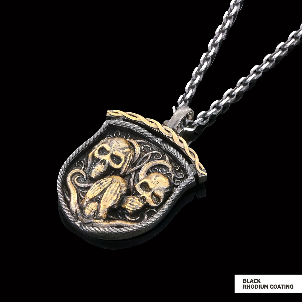Pendant I Do Not See Nor Hear Nor Speak Black Rhodium Coating-Chain