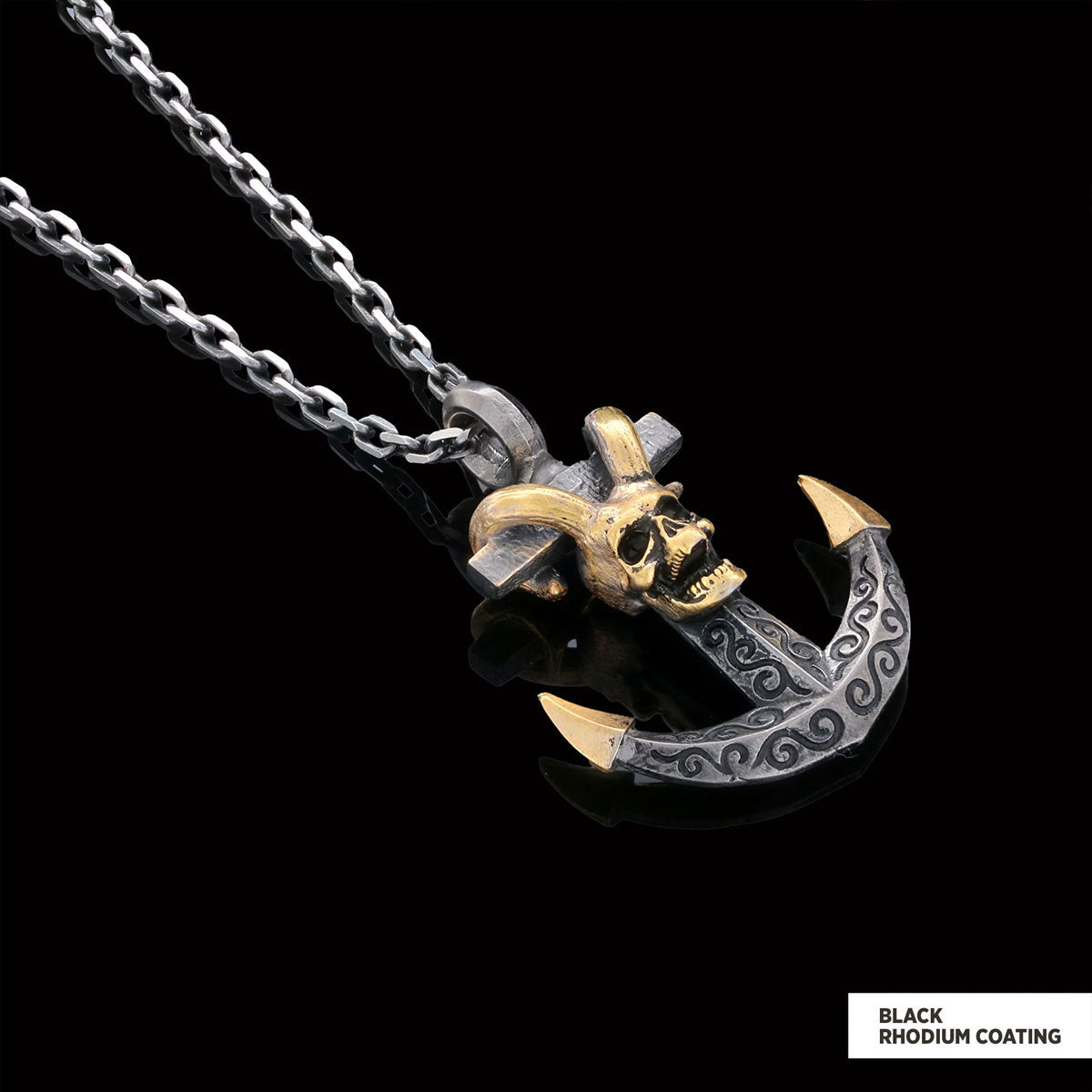 Personalized Skull Shaped Engraved Anchor Necklace Black Rhodium Coating-Chain