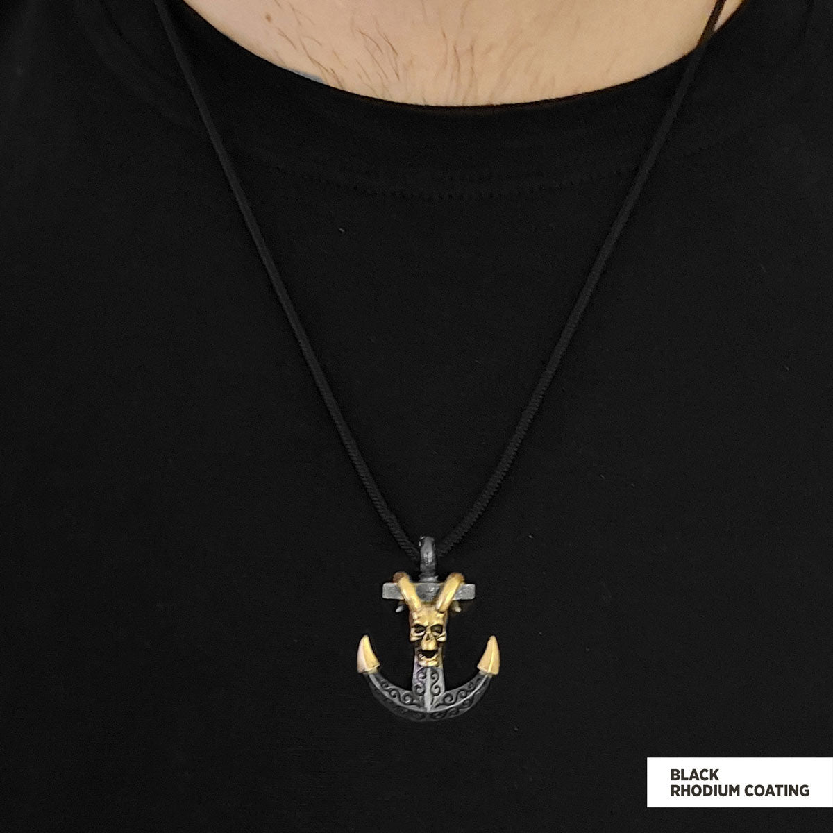 Personalized Skull Shaped Engraved Anchor Necklace Black Rhodium Coating-Cord
