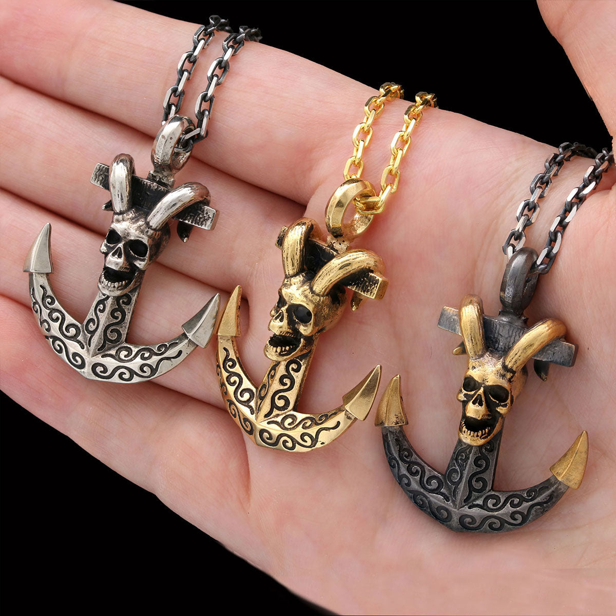 Personalized Skull Shaped Engraved Anchor Necklace Gold Coating-Chain