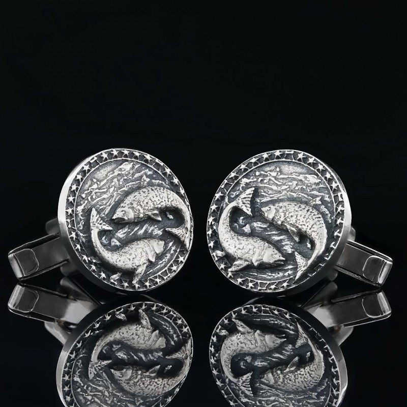 Handmade Silver Round Pisces Cufflink