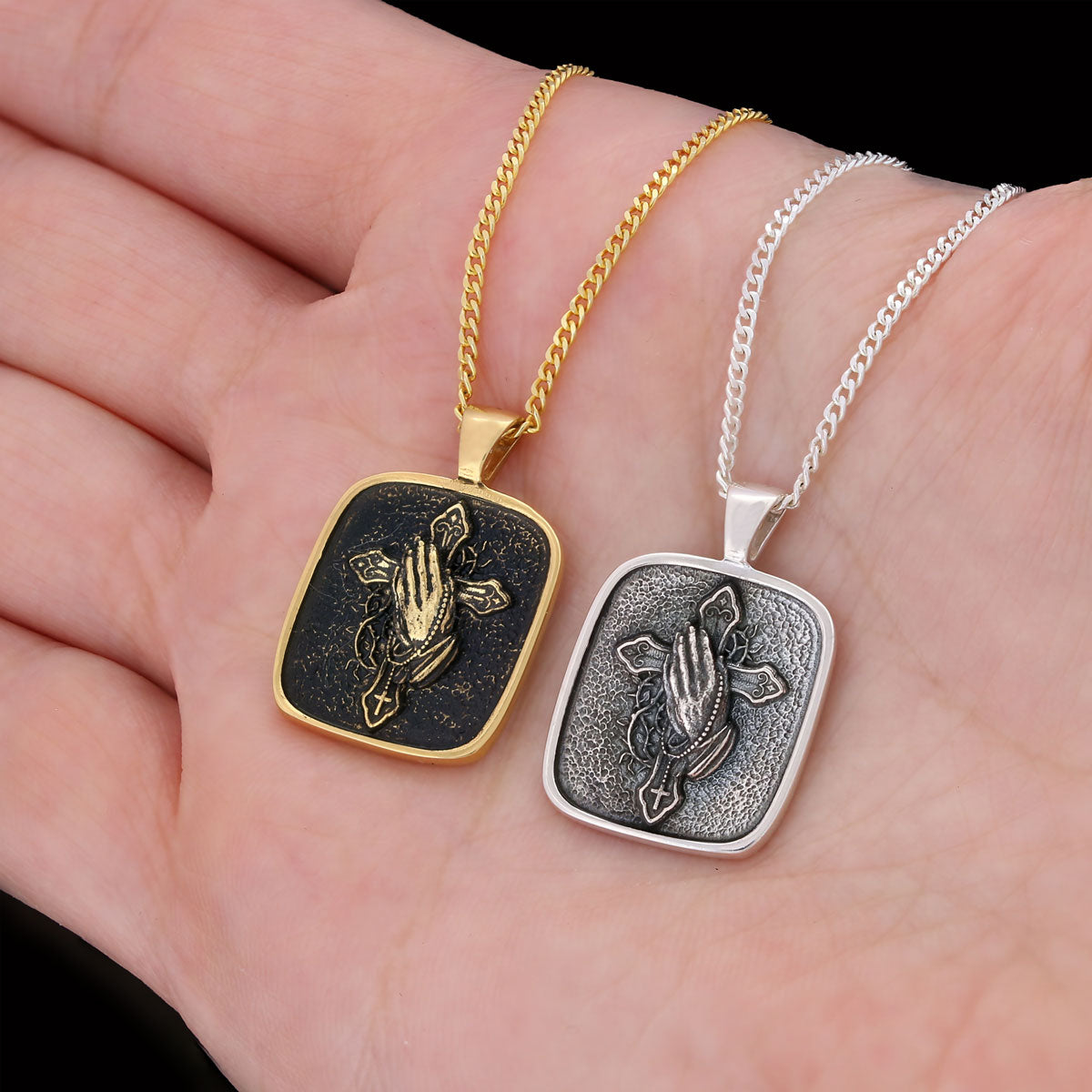 Praying Hands Cross, Religious Necklace, Christian Necklace, Jesus, Silver Necklace, Religious Jewelry Gold Coating - view 3