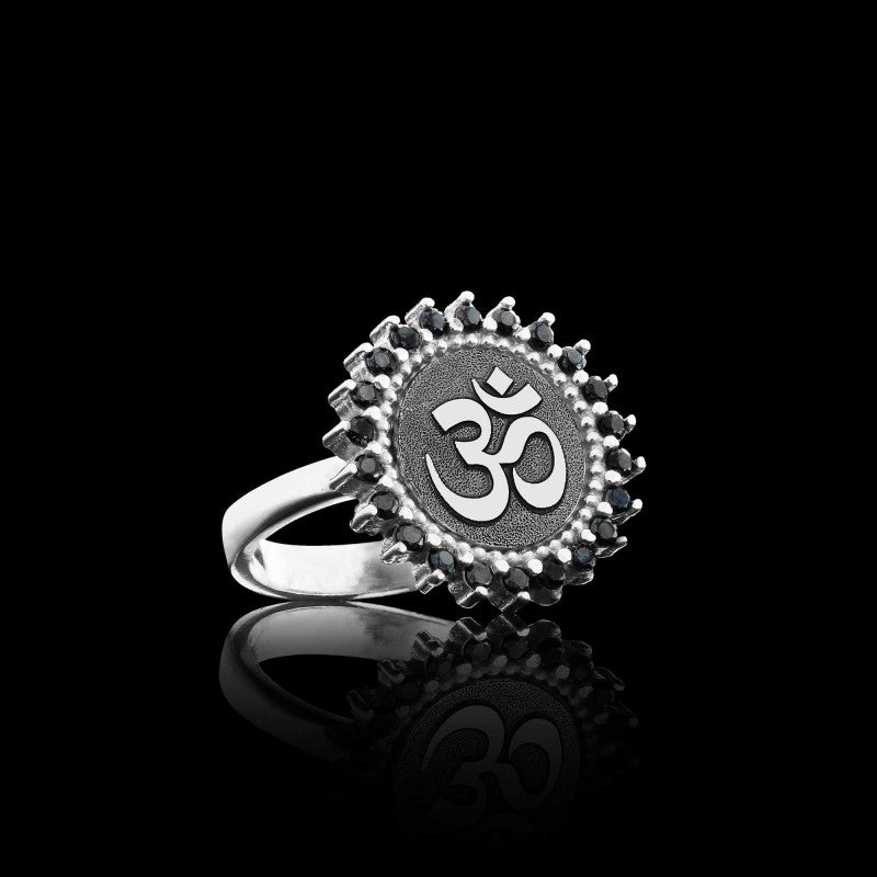 Round Stone Handmade Special Design Sterling Silver Om Buddha Women Ring