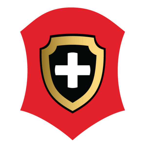 Swiss Plus logo featuring a shield design with a red background and a white cross in the center.
