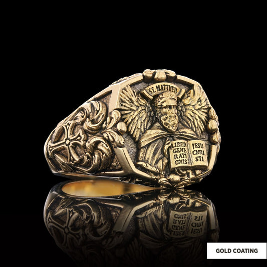 Saint Matthew Apostle Evangelist Christian Cross Signet Ring, Apostle Evangelist Symbol with Cross Engraving Ring, Christian