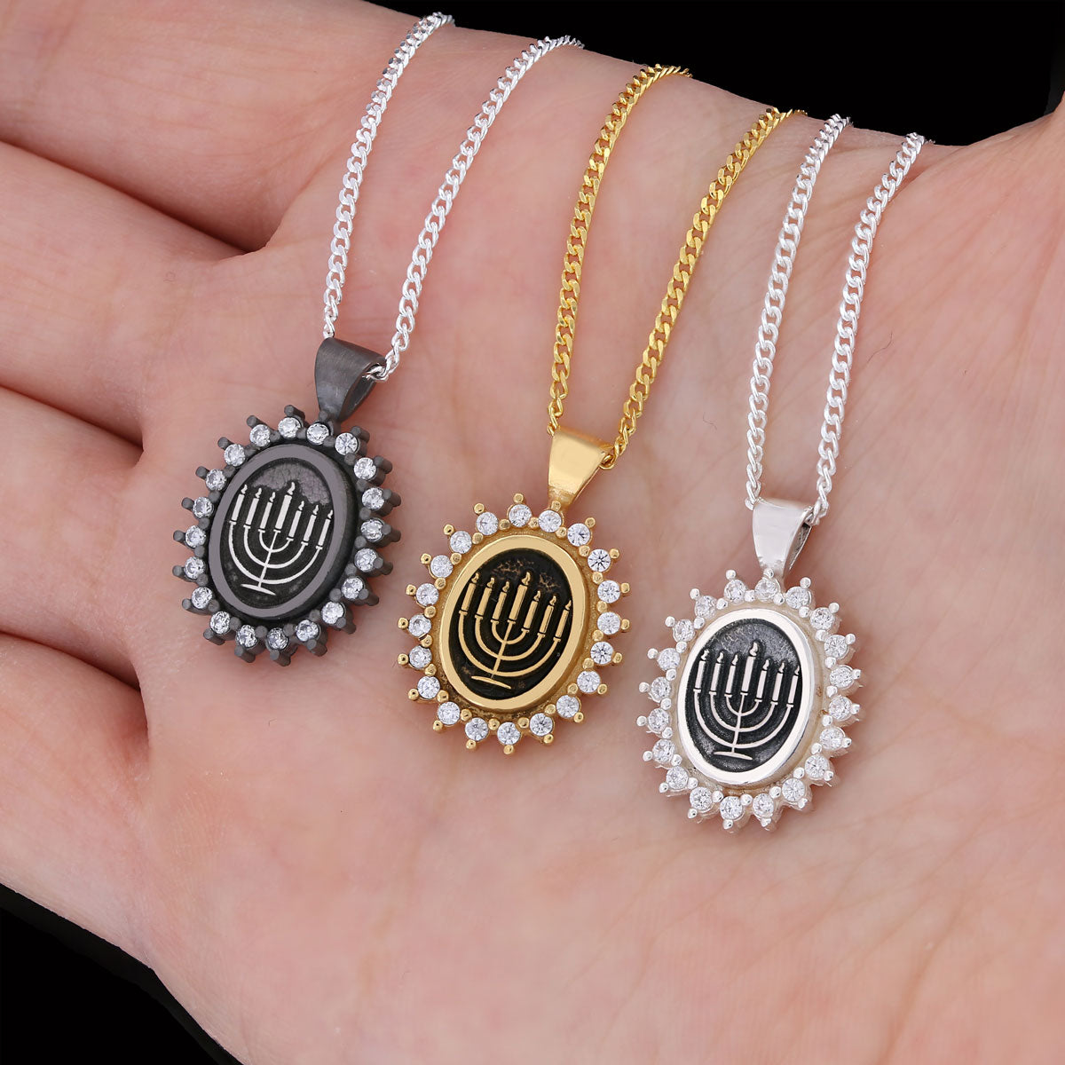 Shabbat Menorah Necklace, Elegant Jewish Faith Jewelry, Symbol of Shabbat and Jewish Heritage Necklace, Menorah Pendant Black Rhodium Coating