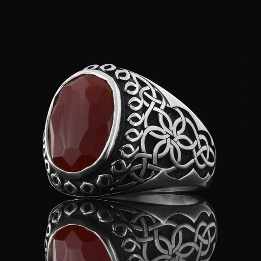 Side Patterned Natural Stone Sterling Silver Men Ring