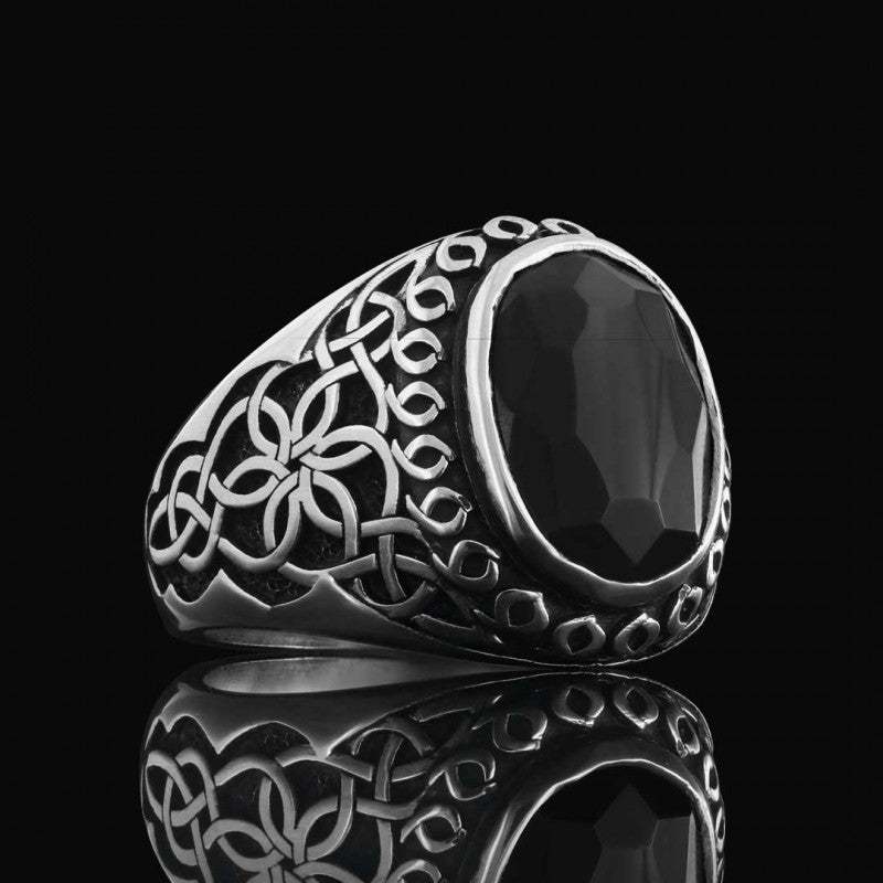 Side Patterned Natural Stone Sterling Silver Men Ring by SWISS PLUS - Unique Design Rings - view 5