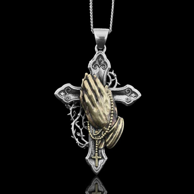 Silver Color Jesus Cross Praying Hands Necklace - view 5