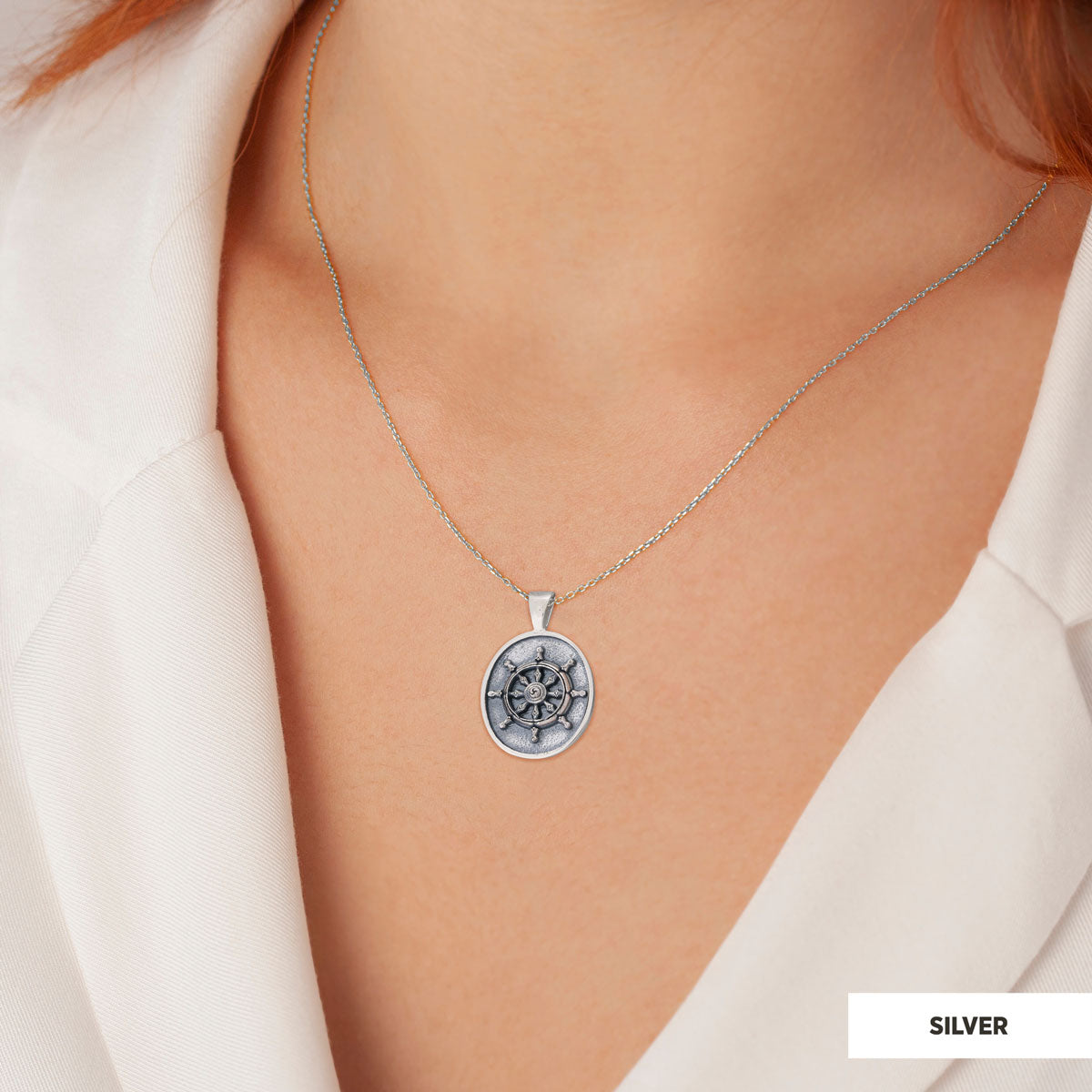 Silver Dharma Wheel Necklace, 8 Fold Path Pendant, Buddhism Charm, Dharmachakra Pendant Silver