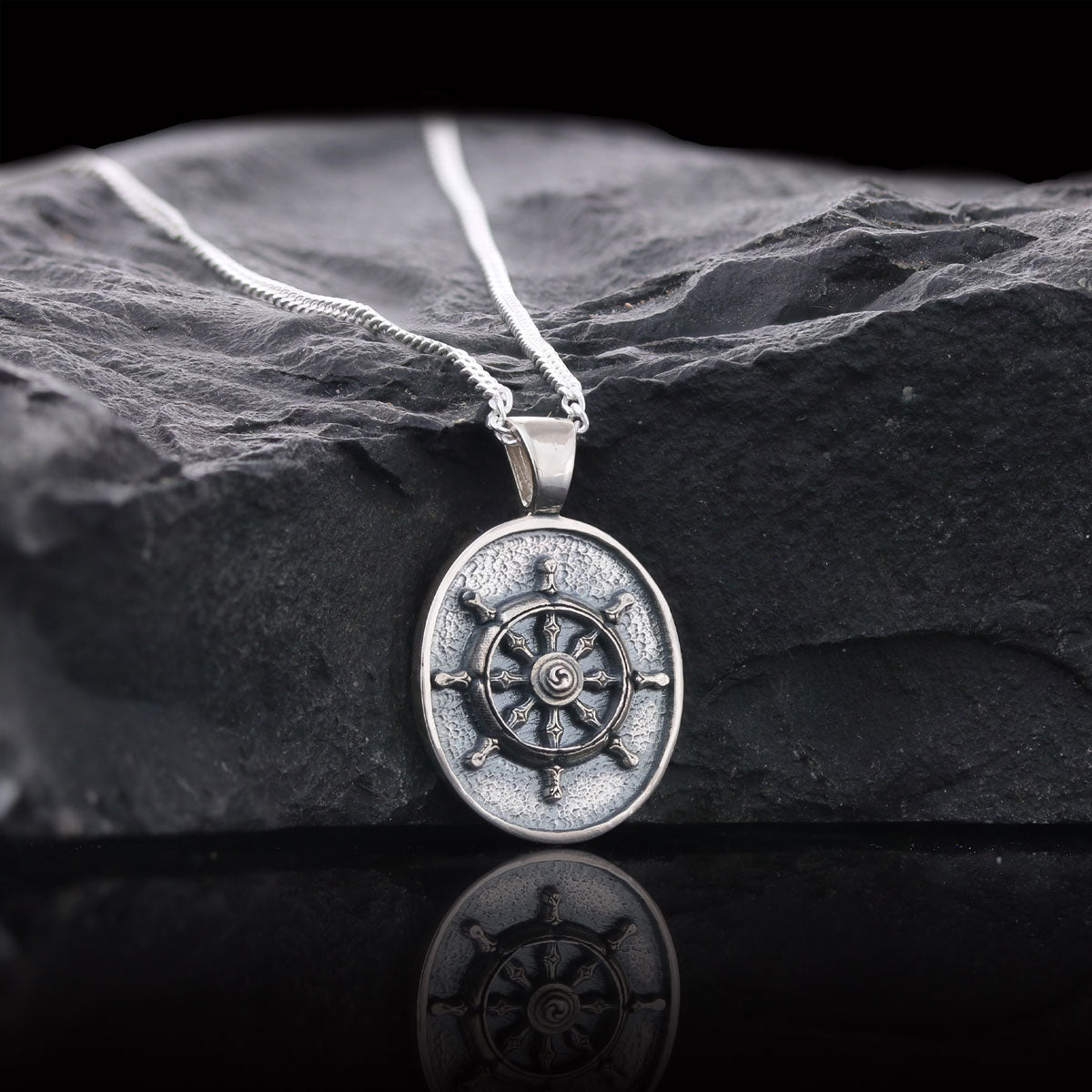 Silver Dharma Wheel Necklace, 8 Fold Path Pendant, Buddhism Charm, Dharmachakra Pendant Silver by SWISS PLUS - Buddhist Jewel