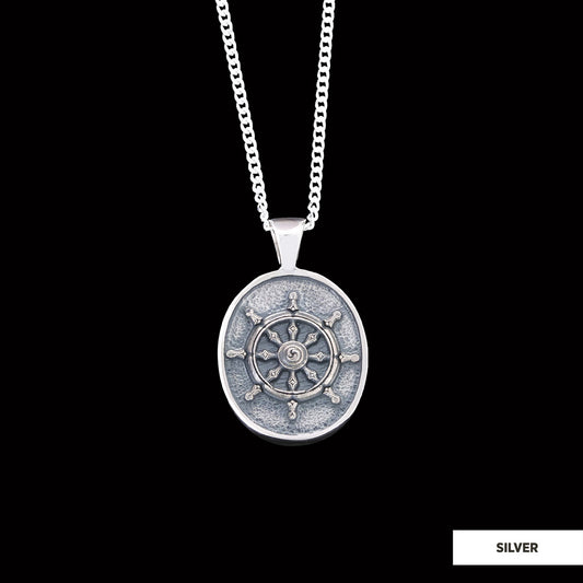 Silver Dharma Wheel Necklace, 8 Fold Path Pendant, Buddhism Charm, Dharmachakra Pendant by SWISS PLUS - Buddhist Jewelry Coll