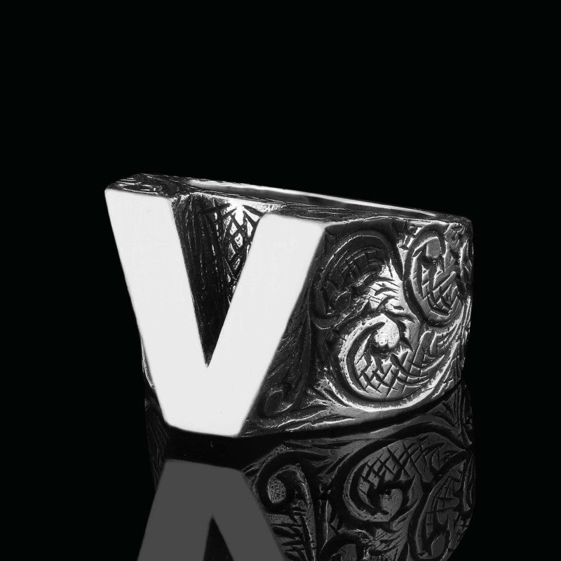 Unique Design Silver Letter V Monogram Ring