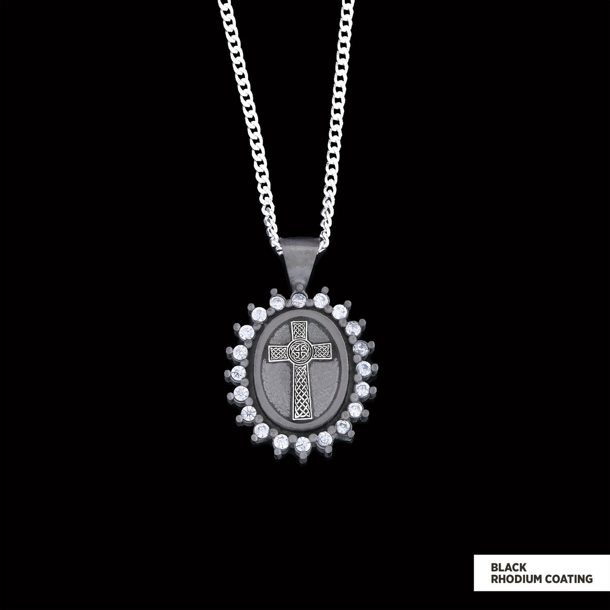 Silver Oval Cross Necklace, Stone Cross Silver Necklace, Gold Plated Silver Christian Cross Stone Necklace, Women's Religious Necklace Black Rhodium Coating