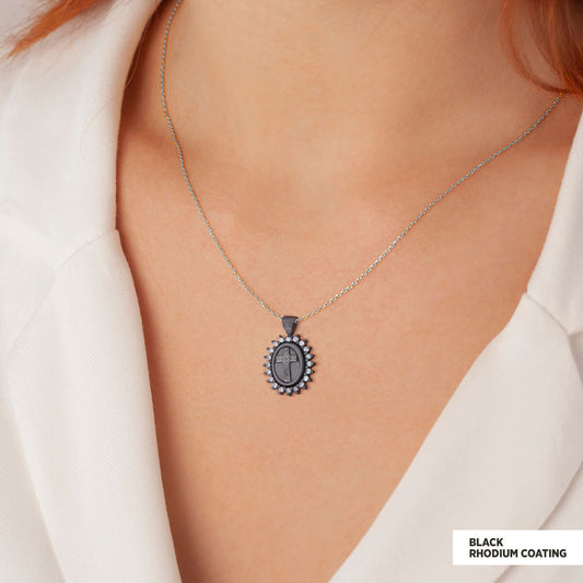 Silver Oval Cross Necklace, Stone Cross Silver Necklace, Gold Plated Silver Christian Cross Stone Necklace, Women's Religious