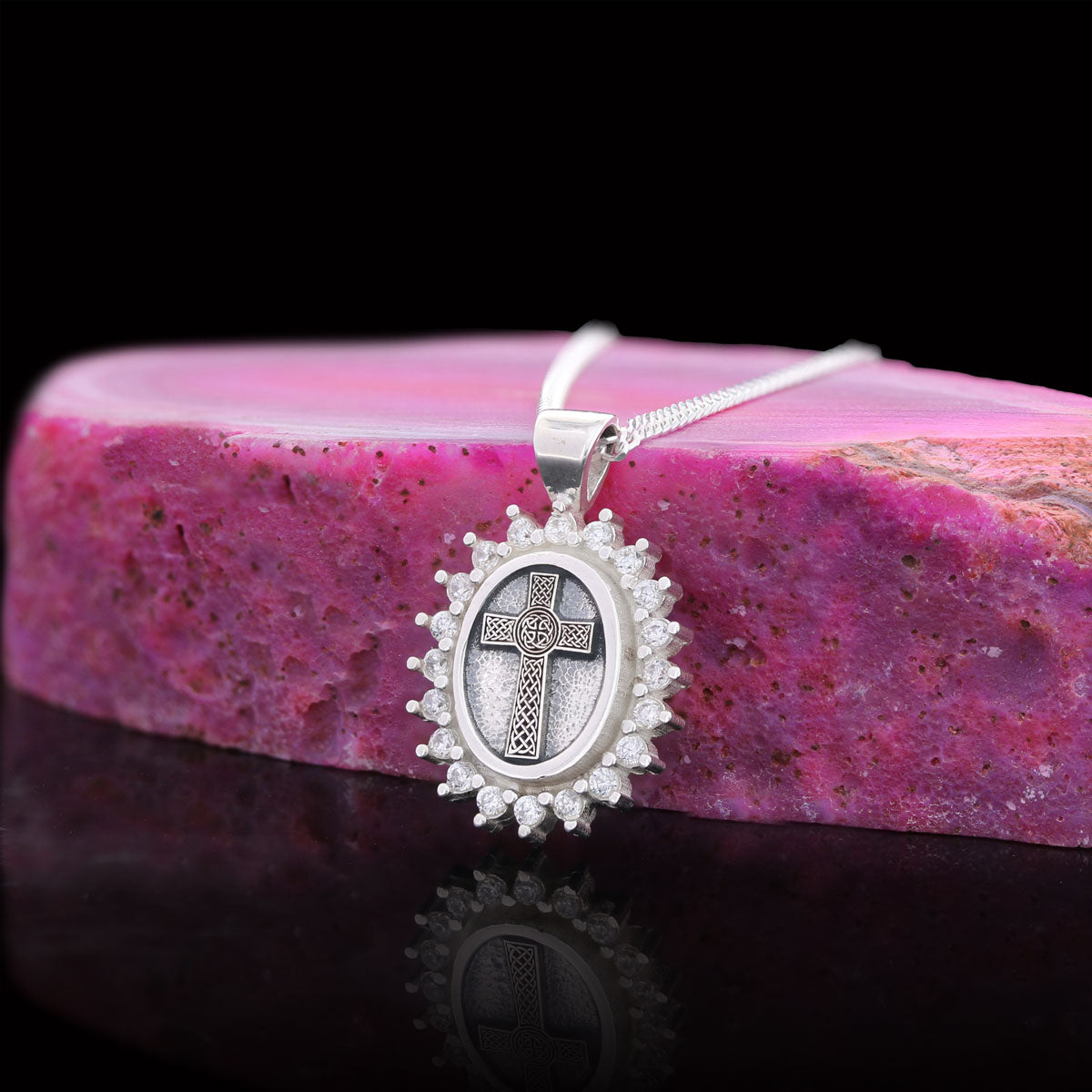 Silver Oval Cross Necklace, Stone Cross Silver Necklace, Gold Plated Silver Christian Cross Stone Necklace, Women's Religious Necklace Silver