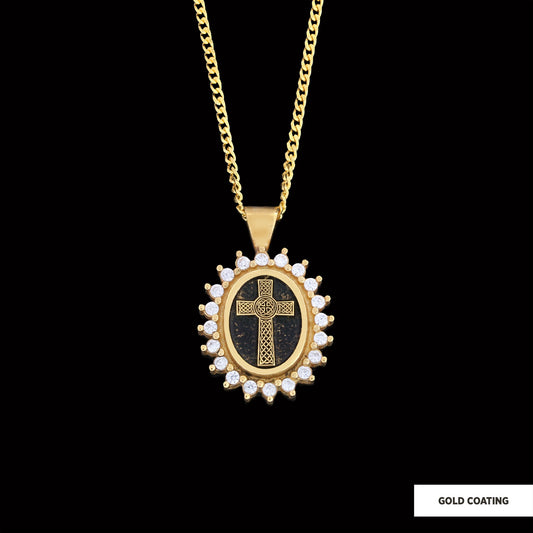 Silver Oval Cross Necklace, Stone Cross Silver Necklace, Gold Plated Silver Christian Cross Stone Necklace, Women's Religious