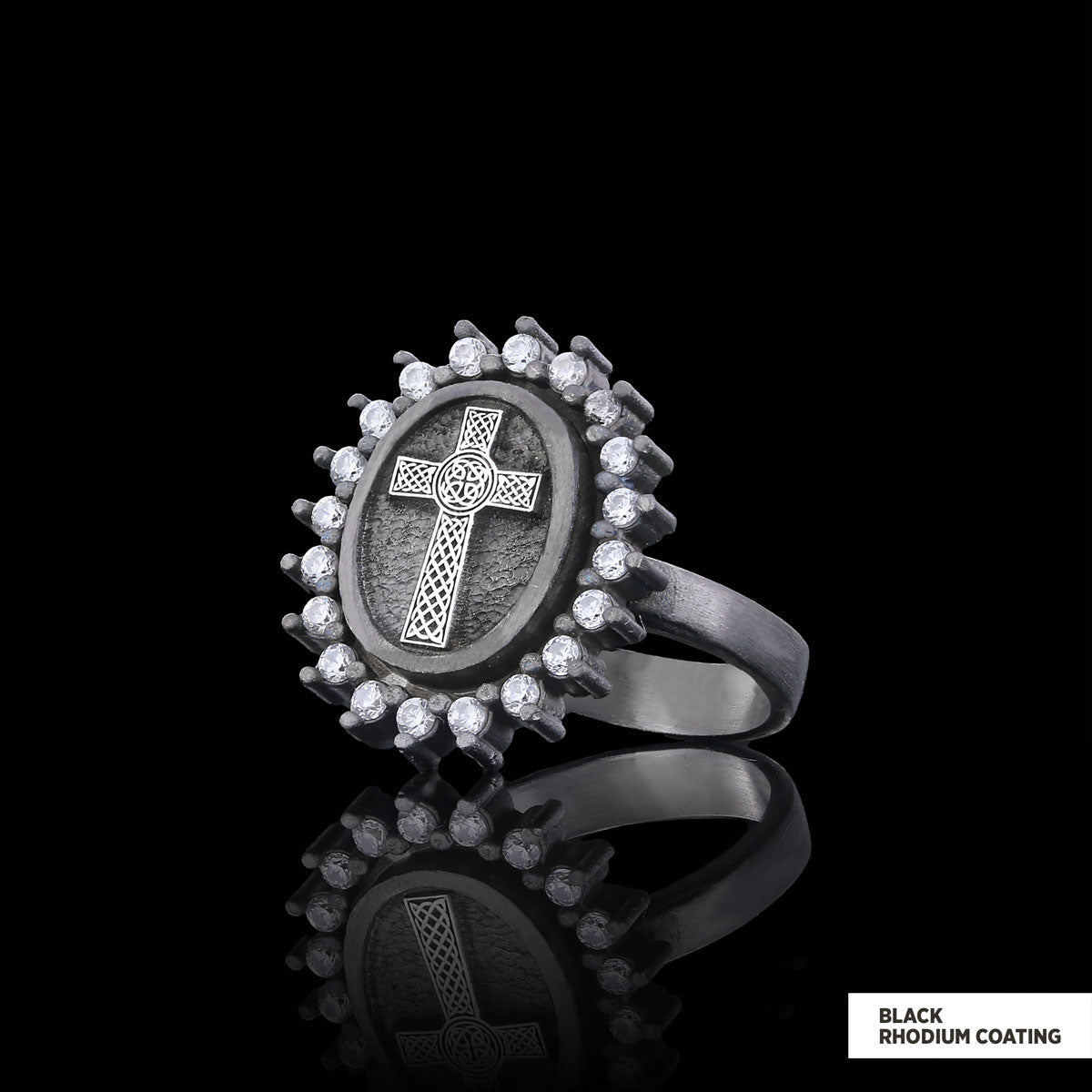 Silver Oval Cross Ring, Stone Cross Silver Ring, Gold Plated Silver Christian Cross Stone Ring, Women's Religious Ring Black Rhodium Coating