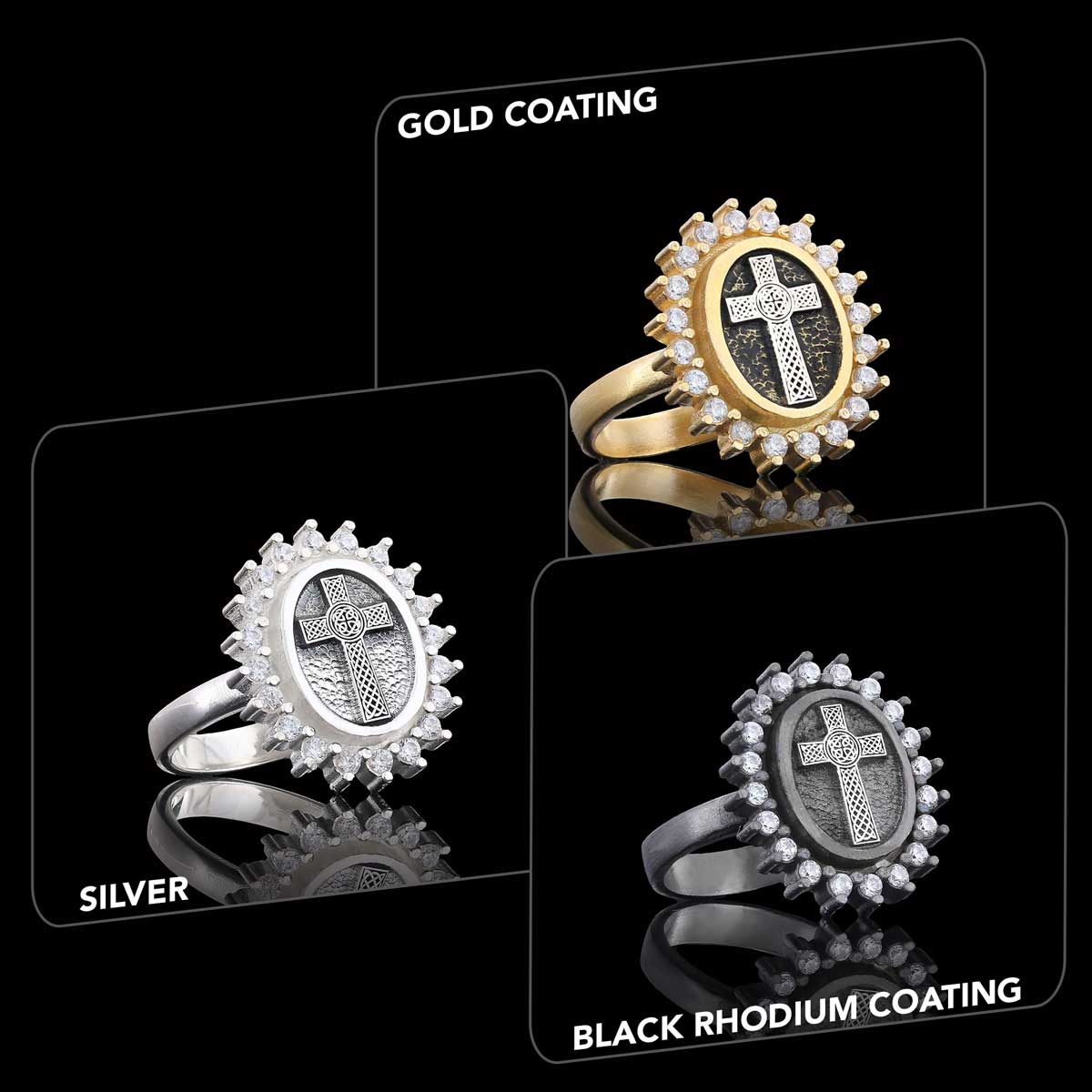 Silver Oval Cross Ring, Stone Cross Silver Ring, Gold Plated Silver Christian Cross Stone Ring, Women's Religious Ring Black Rhodium Coating - view 3
