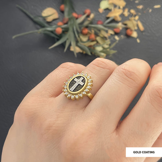 Silver Oval Cross Ring, Stone Cross Silver Ring, Gold Plated Silver Christian Cross Stone Ring, Women's Religious Ring Gold Coating