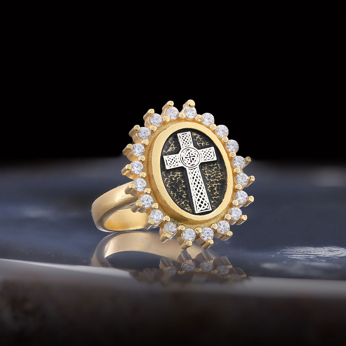 Silver Oval Cross Ring, Stone Cross Silver Ring, Gold Plated Silver Christian Cross Stone Ring, Women's Religious Ring Gold C