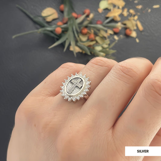 Silver Oval Cross Ring, Stone Cross Silver Ring, Gold Plated Silver Christian Cross Stone Ring, Women's Religious Ring Silver - view 2