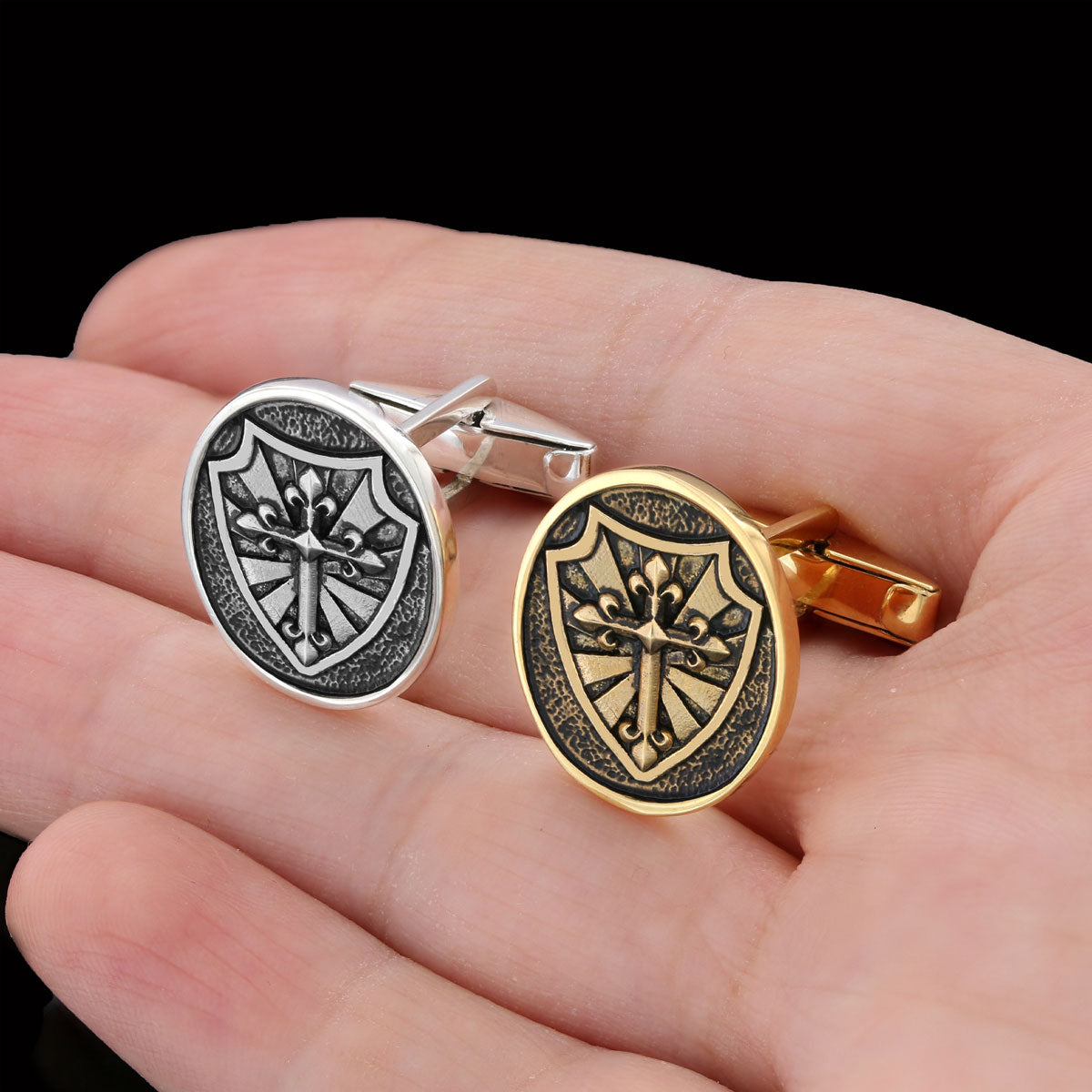 Silver Shield Cufflinks, Religious Gift for Men, Christian Armor Jewelry, Knight’s Cross and Shield Cufflinks Gold Coating by