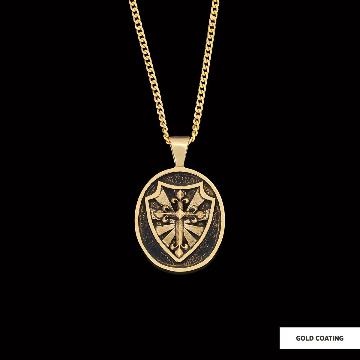 Silver Shield Pendant, Religious Gift for Men, Christian Armor Jewelry, Knight’s Cross and Shield Necklace Gold Coating