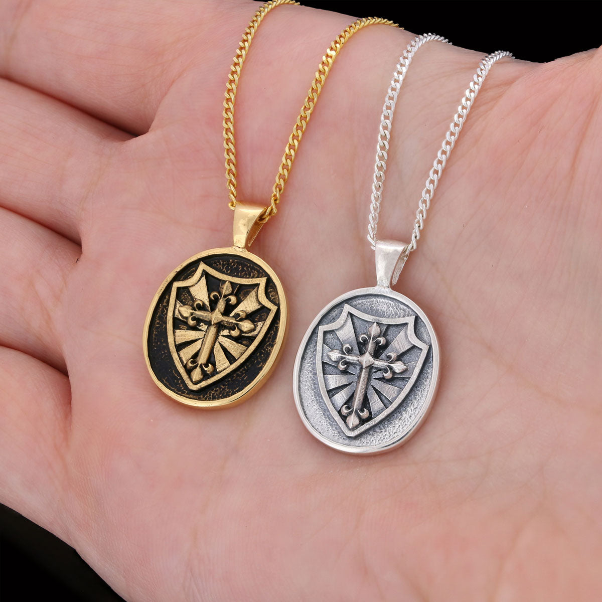 Silver Shield Pendant, Religious Gift for Men, Christian Armor Jewelry, Knight’s Cross and Shield Necklace - view 4