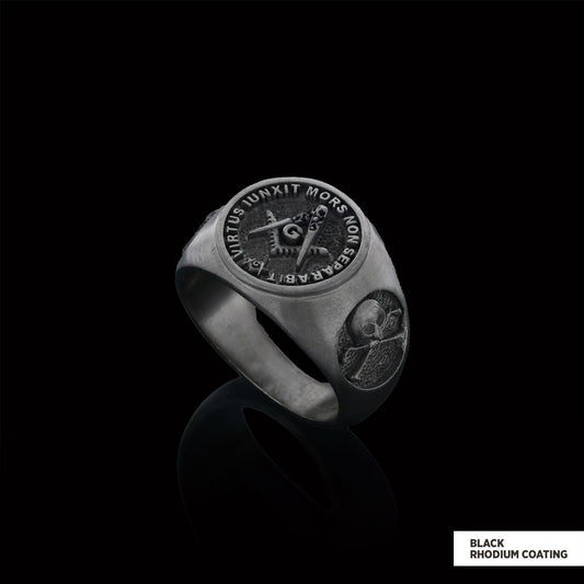 Skull and Bones Masonic Ring, Round Mason Ring, Ancient Lodge Mason Ring - view 2