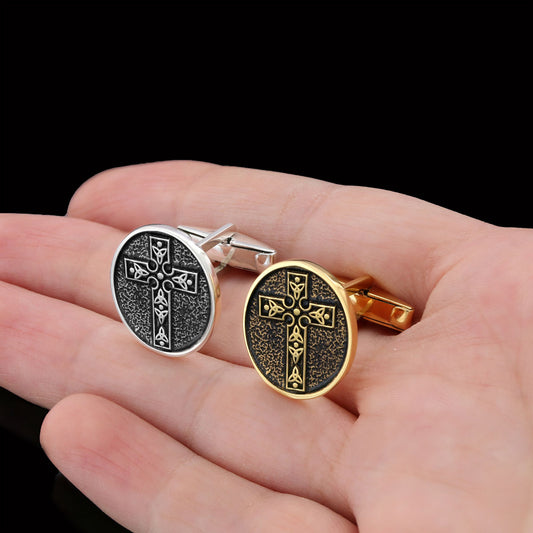 Special Design Motif Cross Cufflinks, Gold Plated Silver Cross Christian Cufflinks, Oval Silver Cufflinks Gold Coating