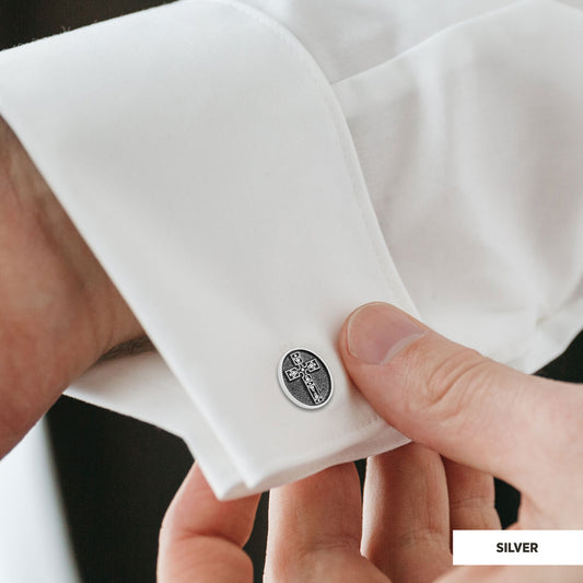 Special Design Motif Cross Cufflinks, Gold Plated Silver Cross Christian Cufflinks, Oval Silver Cufflinks Silver by SWISS PLU