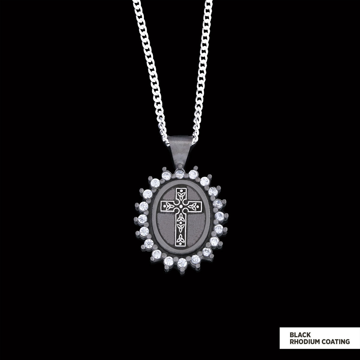 Special Design Stone Motif Cross Necklace, Gold Plated Silver Cross Christian Pendant, Stone Oval Silver Necklace Black Rhodium Coating