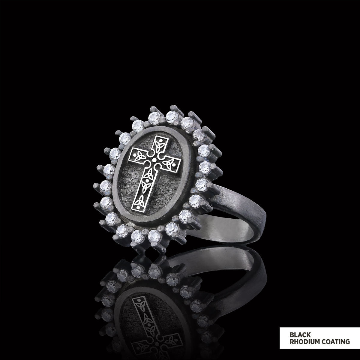 Special Design Stone Motif Ring, Gold Plated Silver Crusader Christian Ring, Stone Oval Silver Ring, Crusader Women's Jewelry Black Rhodium Coating
