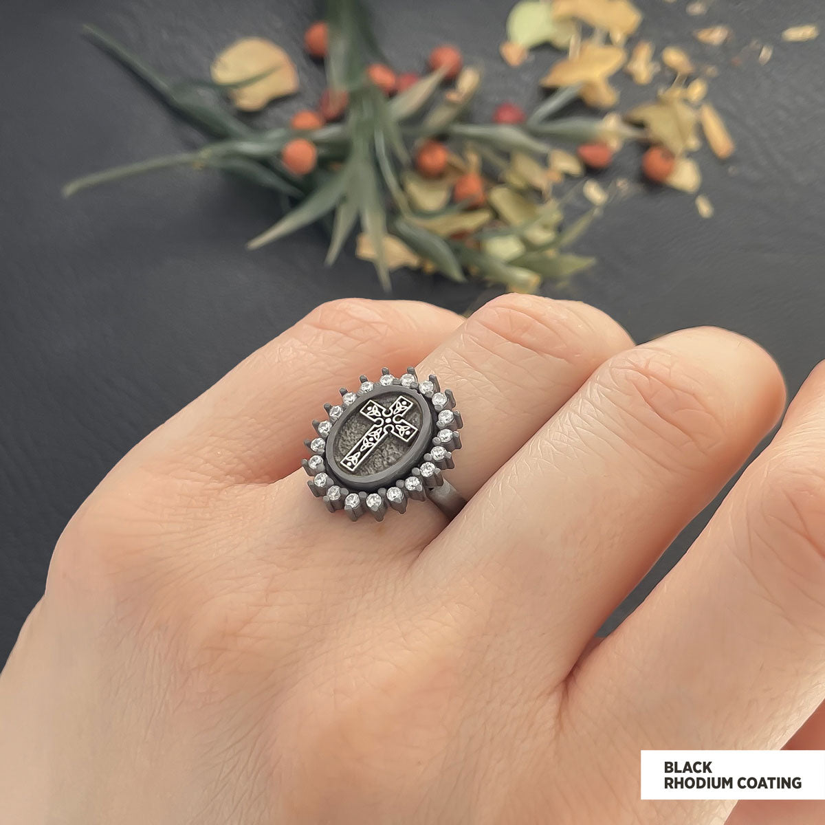 Special Design Stone Motif Ring, Gold Plated Silver Crusader Christian Ring, Stone Oval Silver Ring, Crusader Women's Jewelry Black Rhodium Coating