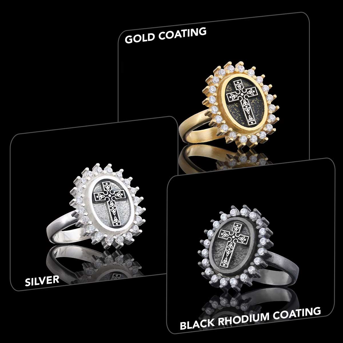 Special Design Stone Motif Ring, Gold Plated Silver Crusader Christian Ring, Stone Oval Silver Ring, Crusader Women's Jewelry Black Rhodium Coating - view 3