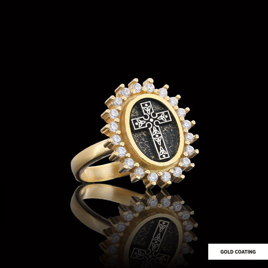 Special Design Stone Motif Ring, Gold Plated Silver Crusader Christian Ring, Stone Oval Silver Ring, Crusader Women's Jewelry