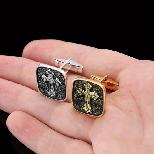 Specially Designed Silver Cross Cufflinks, Gold Plated Motif Cross Cufflinks, Square Cross Special Cufflinks Gold Coating