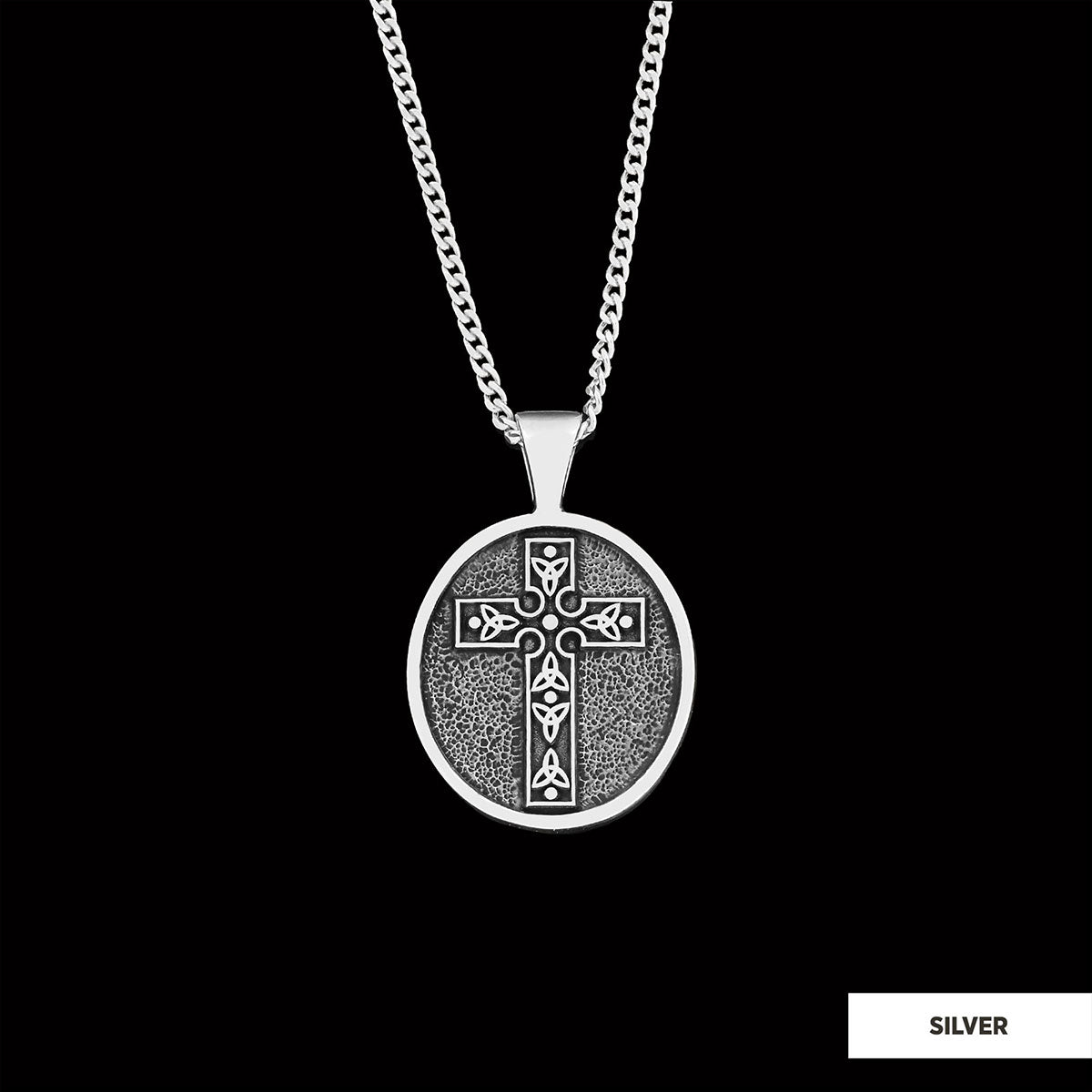 Special Design Motif Cross Necklace, Gold Plated Silver Cross Christian Pendants, Oval Silver Necklace - view 3