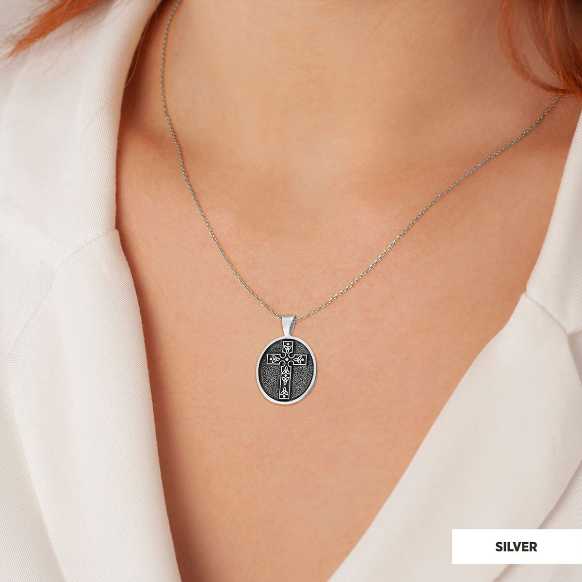 Special Design Motif Cross Necklace, Gold Plated Silver Cross Christian Pendants, Oval Silver Necklace by SWISS PLUS - Christ